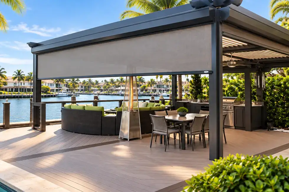 Luxury waterfront pergola with a lowered motorized outdoor screen, outdoor kitchen, dining area, and lounge seating beside a pool