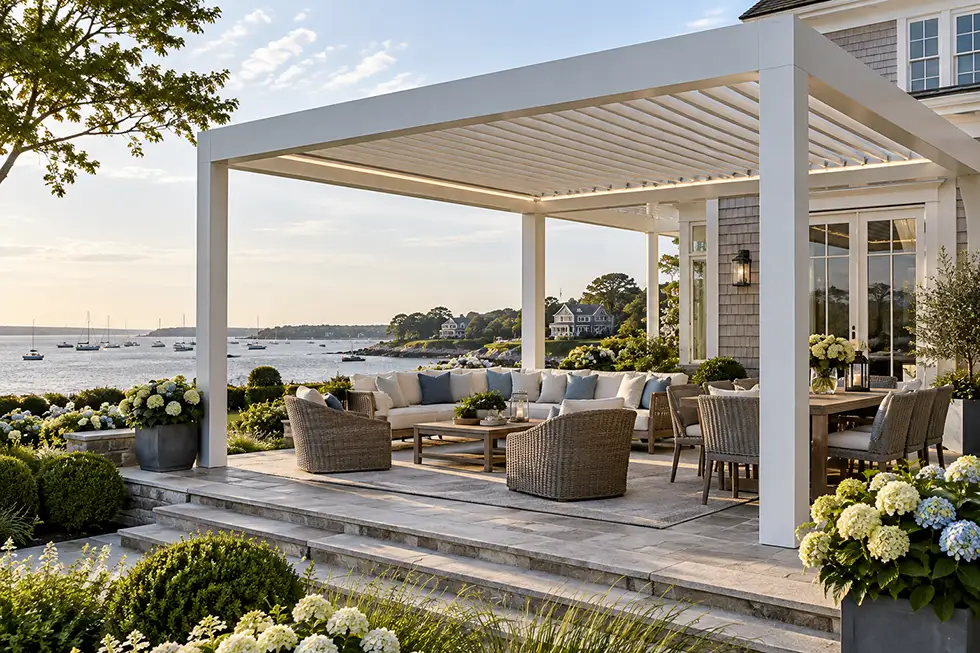 White motorized louvered pergola shading an upscale coastal patio with hydrangeas, harbor views, and classic East Coast architecture