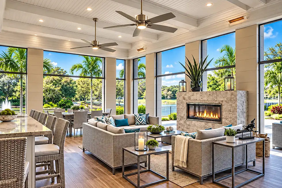 Luxury outdoor living space with motorized screens, ceiling fans, fireplace, and comfortable seating overlooking the water