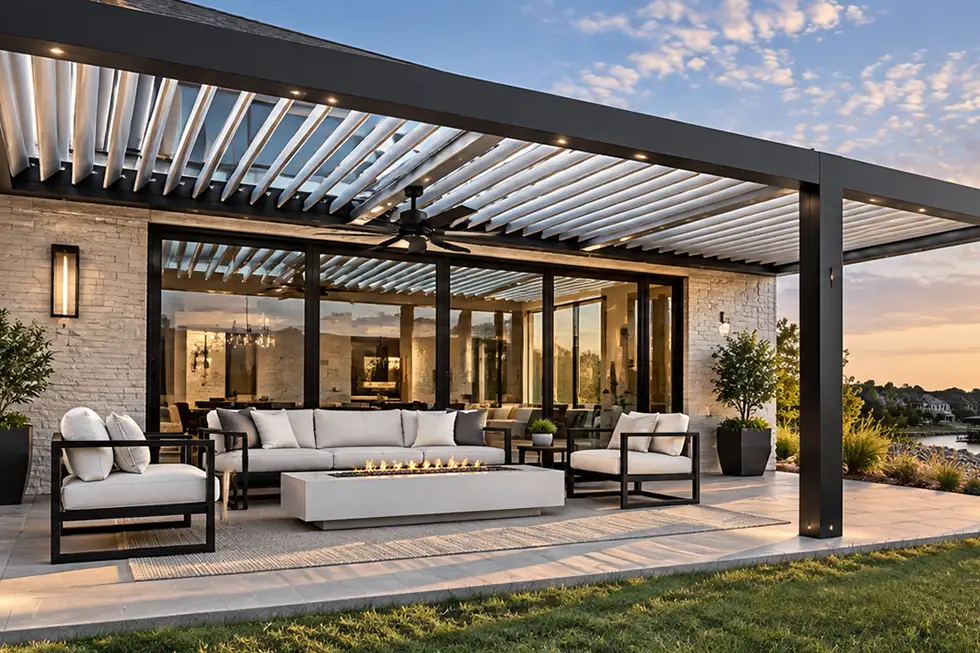 Custom motorized louvered pergola creating a shaded lakeside outdoor living space at sunset